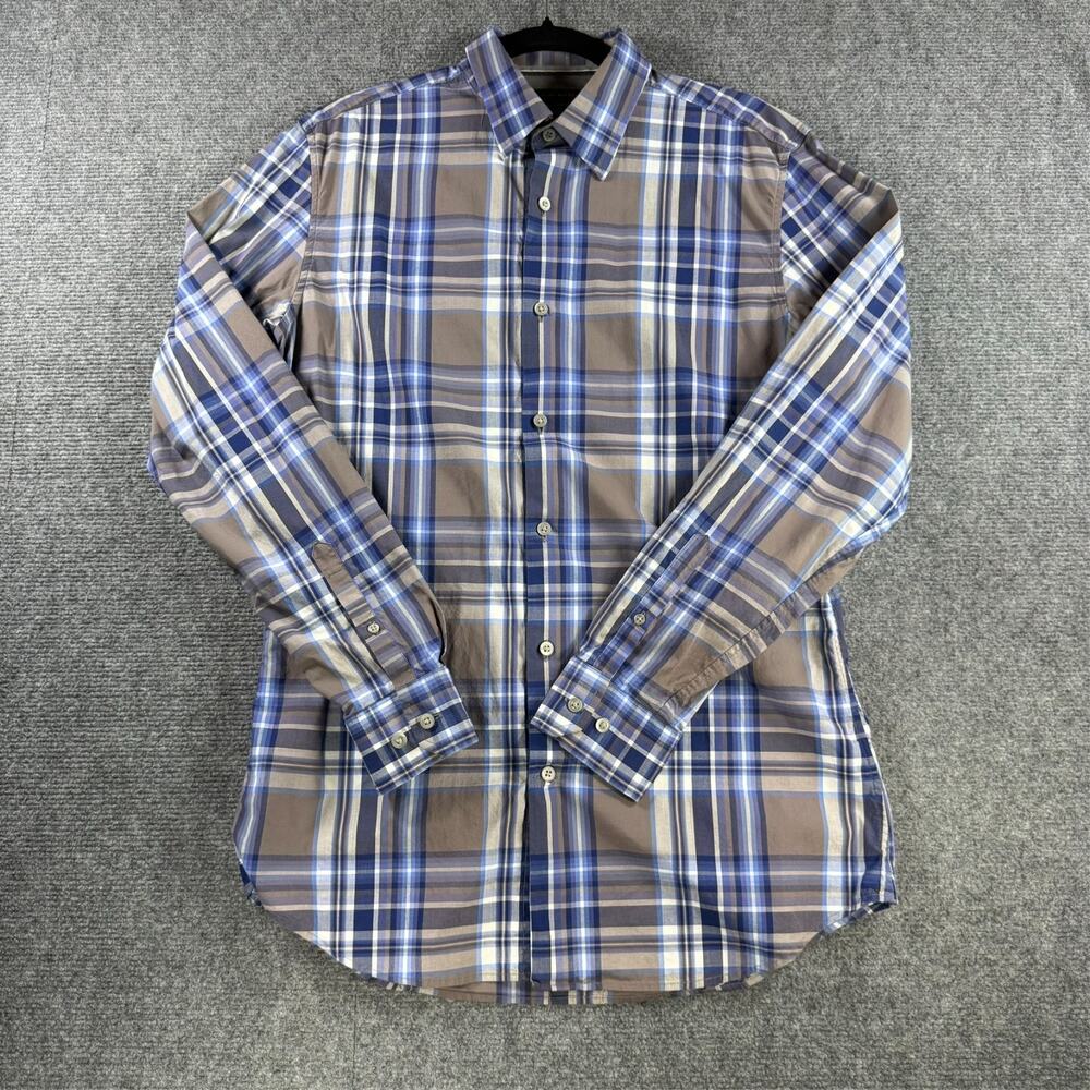 Banana Republic Mens Dress Shirt Medium 15-15.5 Gray Blue Purple Plaid L/S